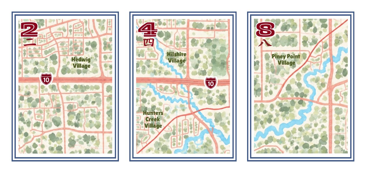 Craks tiles: watercolor maps of Hedwig, Hilshire, Hunters Creek and Piney Point Villages