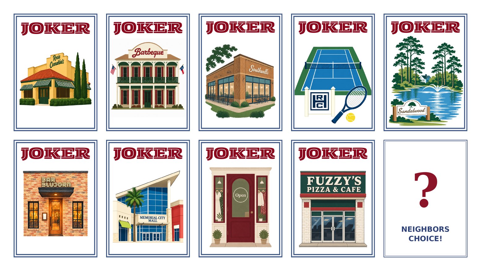 Nine joker tiles showing local Memorial restaurants, shops and landmarks, and a tenth tile with a question mark labeled Neighbors Choice