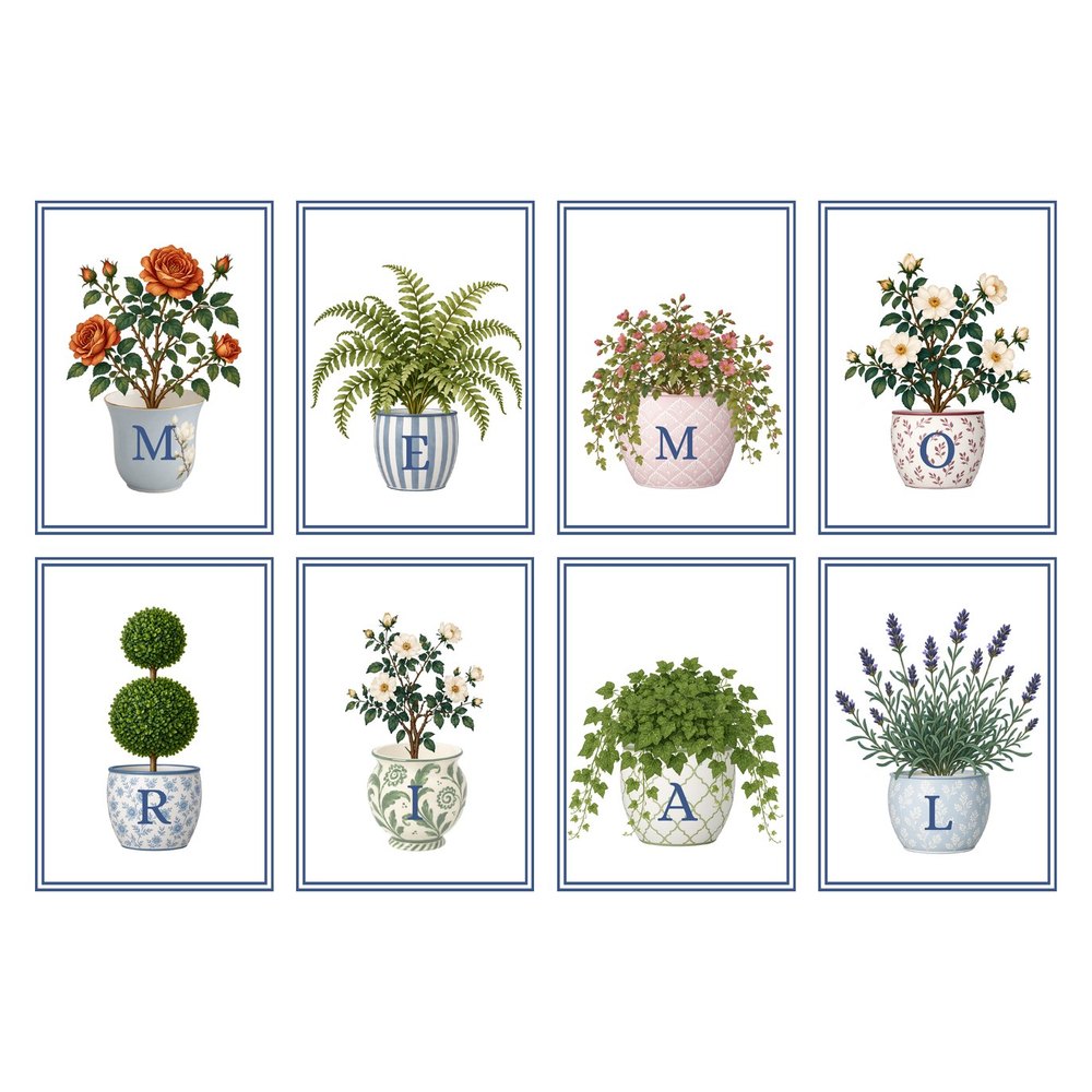 Memorial flower tiles: potted plants spelling MEMORIAL